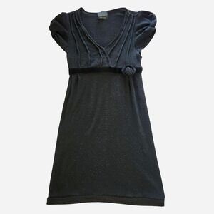 Y2K Style Empire Mini Knit Dress Ruffle Petal Sleeves Velvet Waistband Rosette